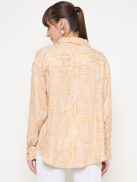 Madame Abstract Print Shirt Collar Brown Shirt