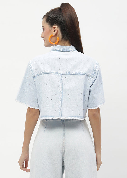 Madame Shanaya Kapoor Embellished Ice Blue Denim Crop Shirt