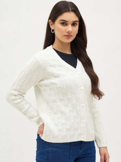 Madame White Self Design Cardigan