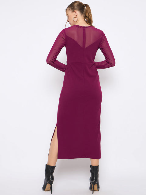 Madame Swarovski Detailed Solid Plum Round Neck Knitted Maxi Dress
