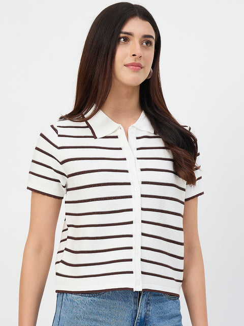 Madame Coffee Striped Cotton Polo Knit T-Shirt