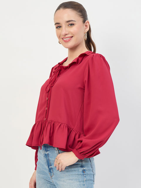 Madame Maroon Frill Sleeve Ruffle Neck Top