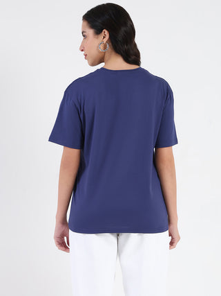 Madame Printed Embroidery Cutwork Navy Blue Crop T-shirt