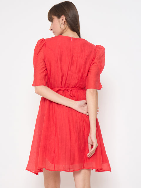 Madame Textured Belted Red Mini A Line Dress