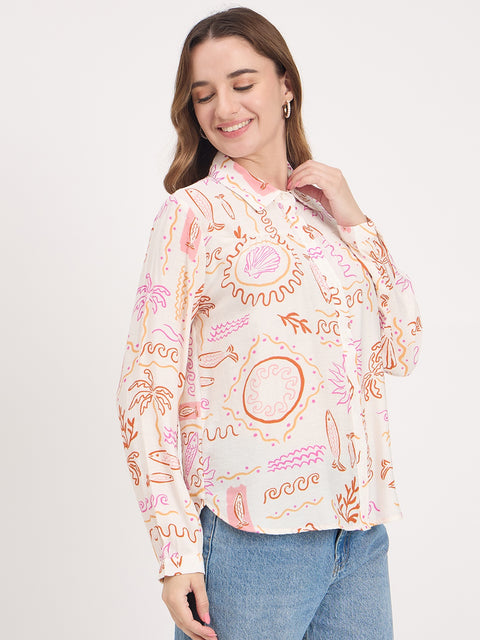 Madame Off White Printed Rayon Full Sleeve Shirt