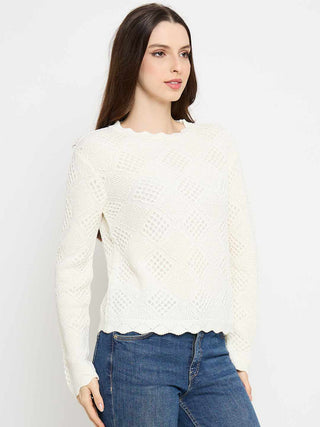 Madame Textured Scalloped Hem Off White Knitted Top