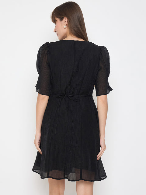 Madame Textured Belted Black Mini A Line Dress
