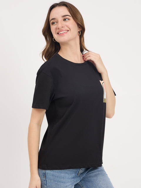 Madame Black Printed Cotton Round Neck T-Shirt
