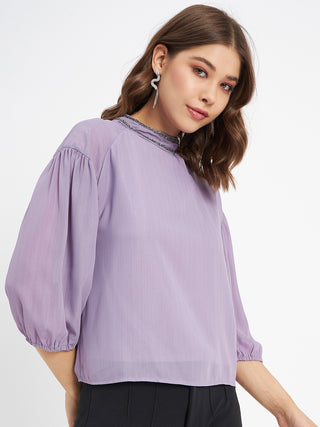 Madame Embellished Neckline Turtle Neck Solid Mauve Top