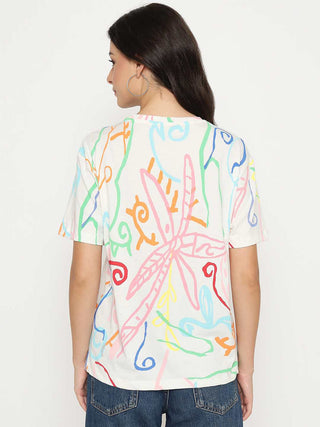 Madame All Over Print Half Sleeve White Cotton T-shirt