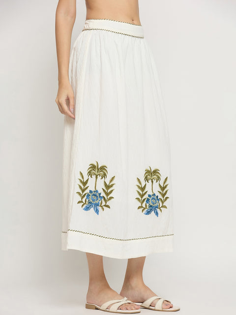 Madame Off White Viscose Blend Embroidered Skirt
