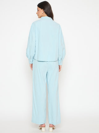Madame Patchwork Detailed Shirt and Bottoms Blue Co-ord Set