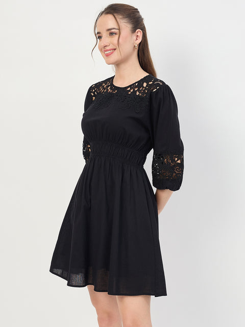 Madame Black Puff Sleeve Cotton Mini Dress