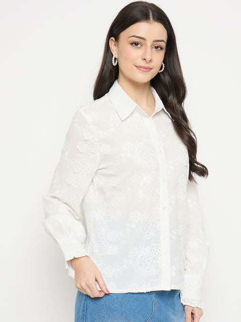 Madame Floral Detailing White Cotton Shirt