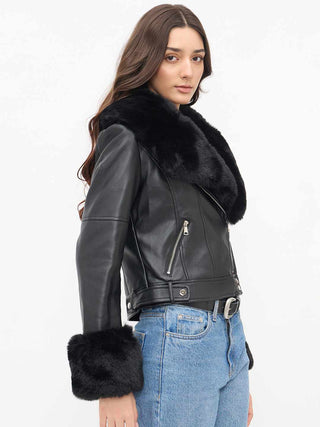 Madame Faux Fur Notch Lapel Collar Black PU Leather Jacket