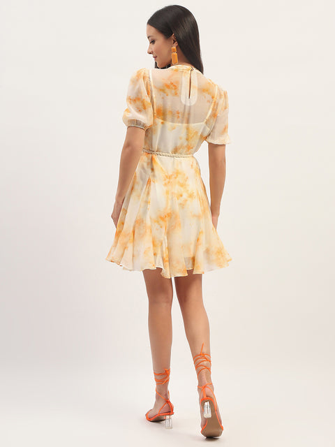 Madame Tie Dye Belted Orange Rayon Blend Mini Dress