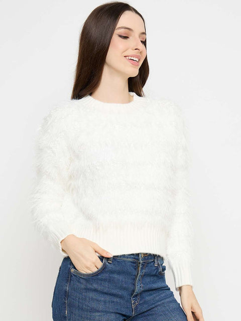 Madame Faux Fur Textured Pullover Off White Sweater
