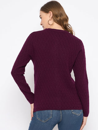 Madame Round Neck Wine Red Nylon Blend Cardigan