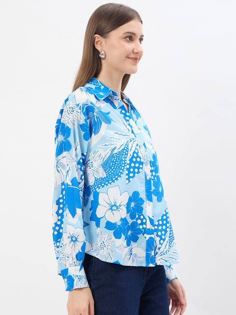 Madame Printed Blue Viscose Blend Shirt