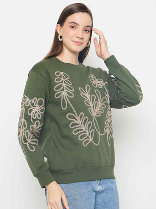 Madame Floral Embroidery Cotton Blend Green Sweatshirt