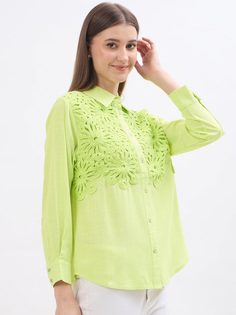 Madame Embroidery Patchwork Pear Green Viscose Shirt