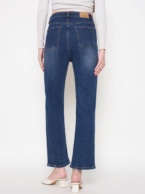 Madame Cotton Blend Rolled Hem Dark Blue Straight Jeans