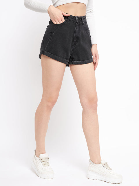 Madame Folded Hem Black Denim Shorts