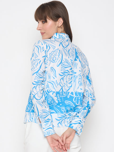 Madame Botanical Print Button Up Front Aqua Blue Shirt