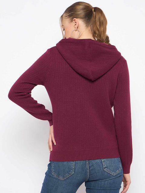Madame Zip Solid Wine Red Hooded Sweater