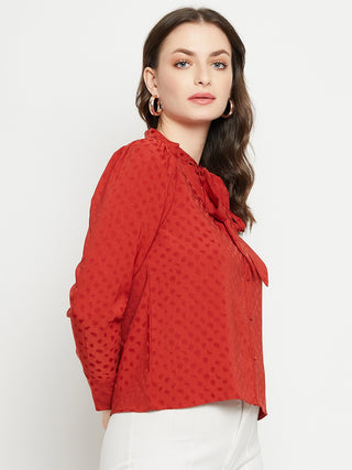 Madame Tie-Up Neck Solid Rust Orange Shirt