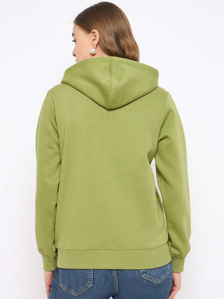 Madame Fleece Placement Printed Zipped Olive Grab Hooded Sweatshirt