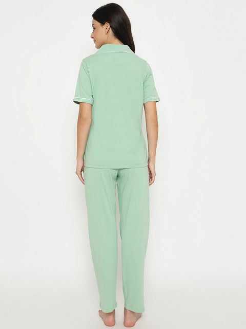mSECRET Embossed Top and Bottom Mint Green Cotton Night Suit