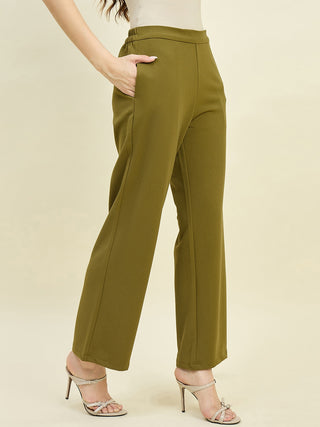 Madame Solid Olive Straight Fit Trousers