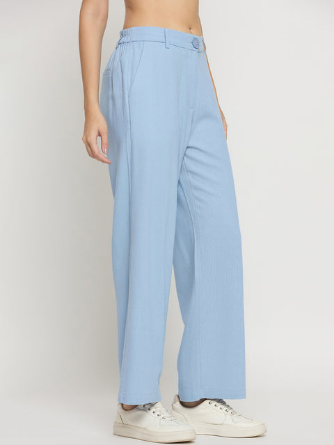 Madame Blue Rayon Linen Straight Fit Ankle Trousers