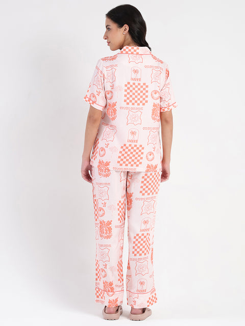 mSECRET Geometric Print Top and Bottoms Coral Pink Nightsuit