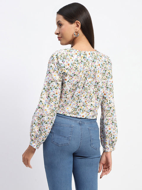 Madame Cotton Floral Print Drawstring Waist Multicolor Top