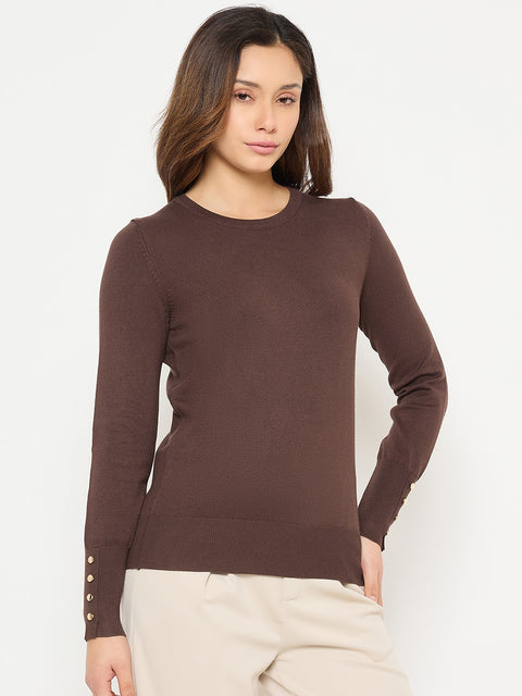Madame Coffee Brown Round Neck Sweater with Cuff Sleeves