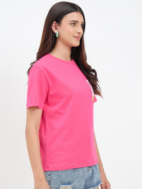 Madame Hot Pink Cotton Printed Half-Sleeve T-Shirt