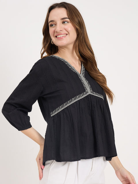 Madame Black Cotton Ruched V-Neck Puff Sleeve Top