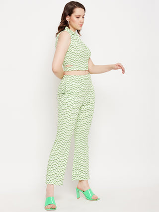 Madame Green Spread Collared Abstract Printed Co-Ord Set