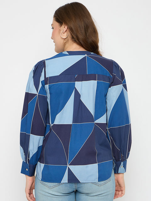 Madame Geometric Print Navy Blue Cotton Top
