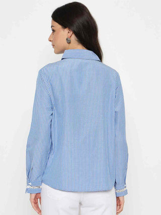 Madame Textured Embroidered Accents Blue Shirt