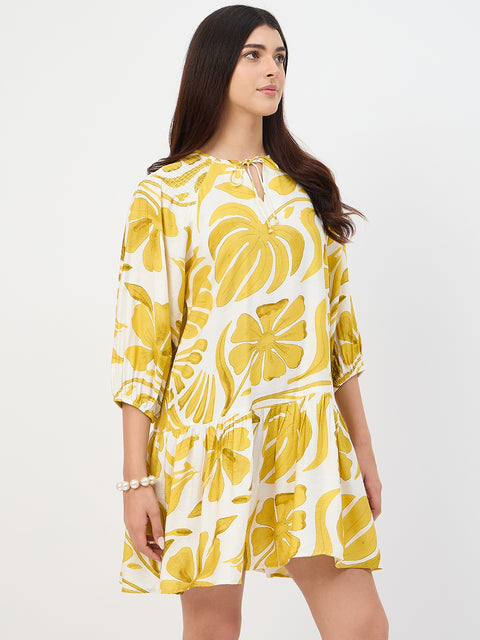 Madame Yellow Leaf Print Rayon Midi Dress