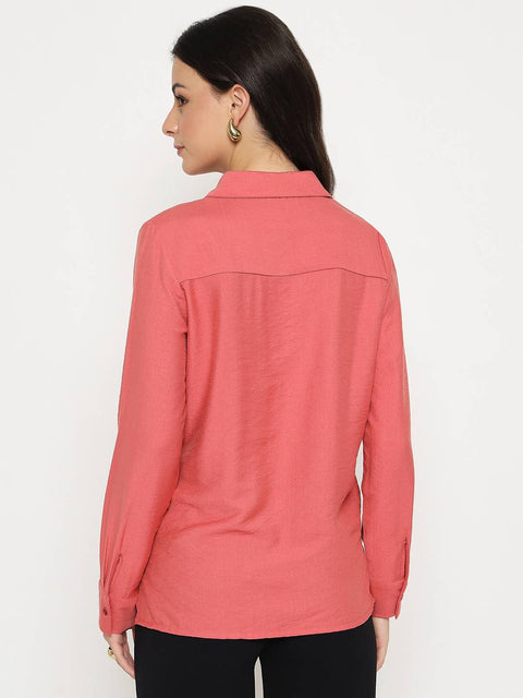 Madame Textured Solid Brick Red Rayon Blend Shirt