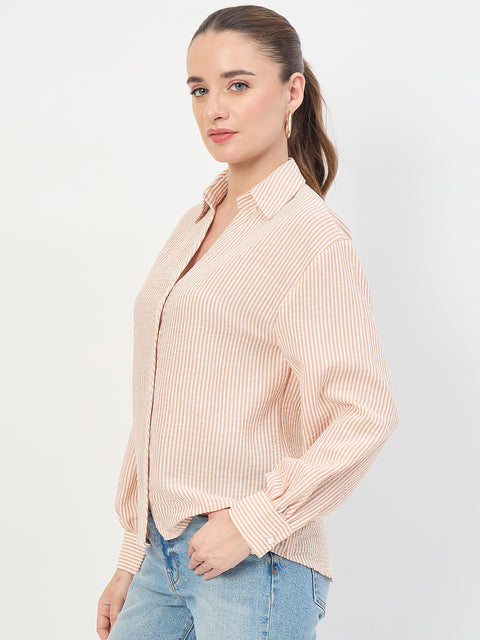 Madame Beige Ruched Sleeve Full Sleeve Shirt