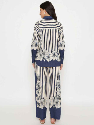 Madame Floral Print Top and Bottoms Striped Navy Blue Co-ord Set