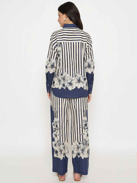 Madame Floral Print Top and Bottoms Striped Navy Blue Co-ord Set