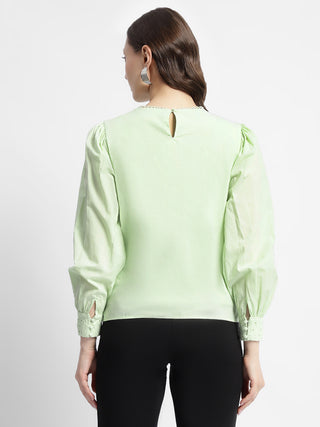 Madame Schiffli Adorned Puff Sleeve Mint Green Top