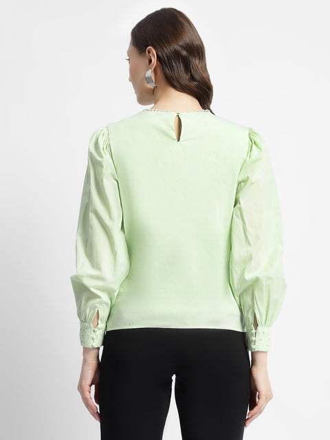 Madame Schiffli Adorned Puff Sleeve Mint Green Top