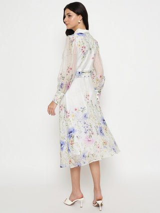 Madame Floral Print Belted White Shirt Dress